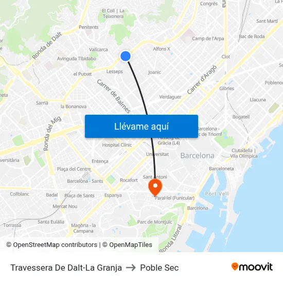 Travessera De Dalt-La Granja to Poble Sec map