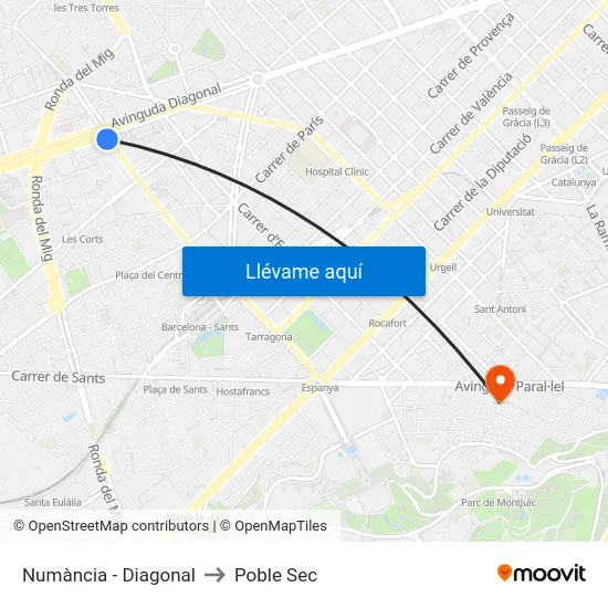 Numància - Diagonal to Poble Sec map