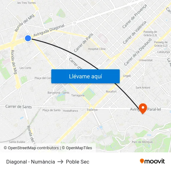 Diagonal - Numància to Poble Sec map