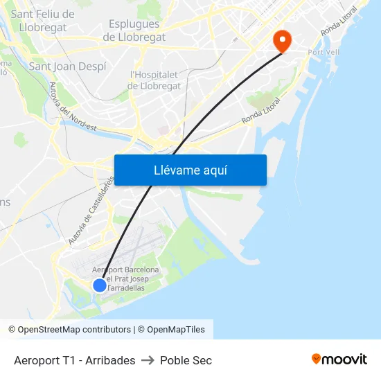 Aeroport T1 - Arribades to Poble Sec map