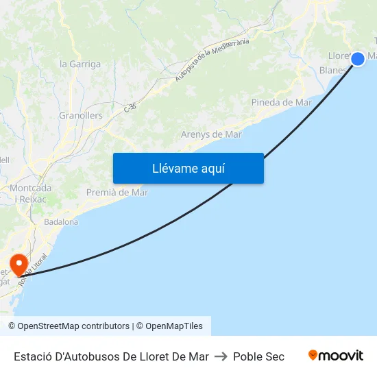 Estació D'Autobusos De Lloret De Mar to Poble Sec map
