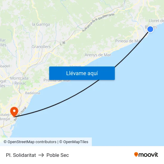 Pl. Solidaritat to Poble Sec map