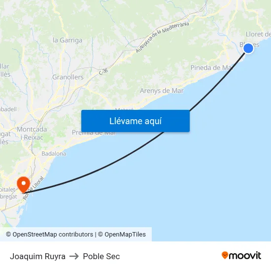 Joaquim Ruyra to Poble Sec map