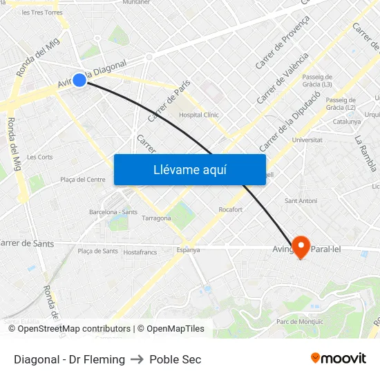 Diagonal - Dr Fleming to Poble Sec map