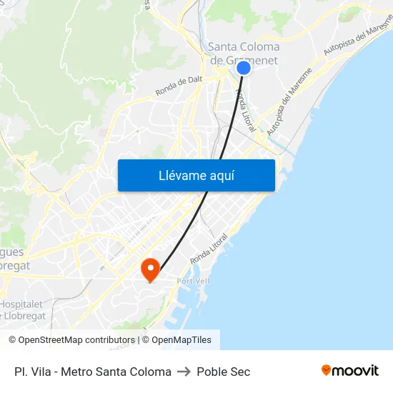 Pl. Vila - Metro Santa Coloma to Poble Sec map