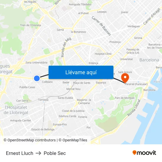 Ernest Lluch to Poble Sec map