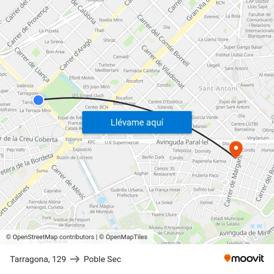 Tarragona, 129 to Poble Sec map