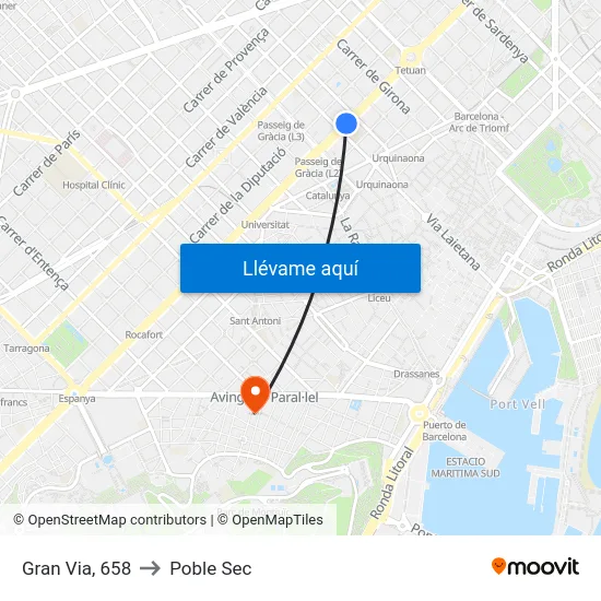 Gran Via, 658 to Poble Sec map