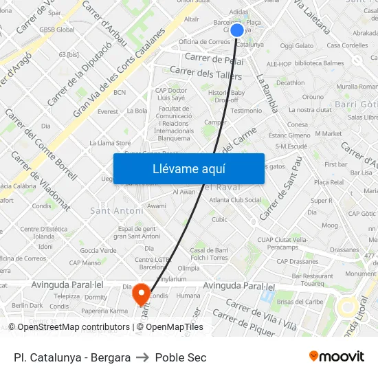 Pl. Catalunya - Bergara to Poble Sec map