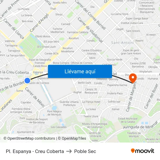 Pl. Espanya - Creu Coberta to Poble Sec map