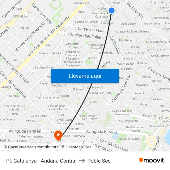 Pl. Catalunya - Andana Central to Poble Sec map
