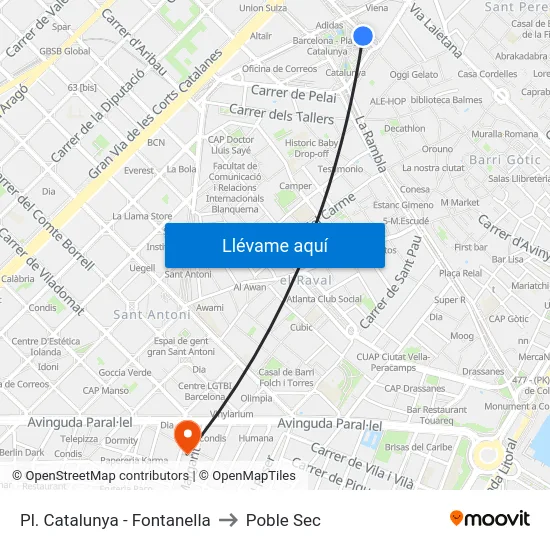 Pl. Catalunya - Fontanella to Poble Sec map