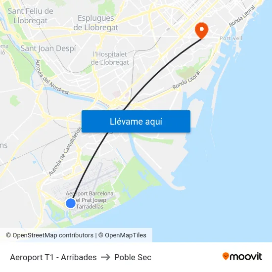 Aeroport T1 - Arribades to Poble Sec map