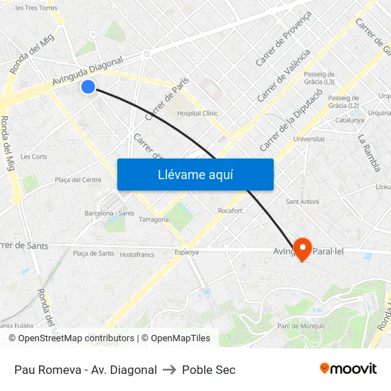 Pau Romeva - Av. Diagonal to Poble Sec map