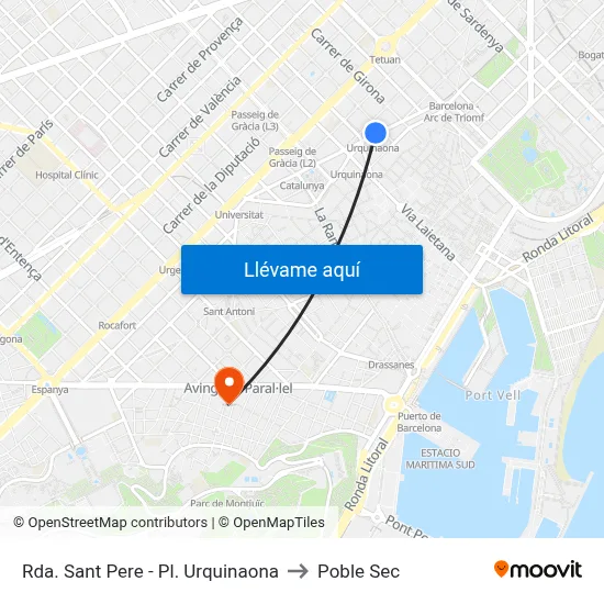 Rda. Sant Pere - Pl. Urquinaona to Poble Sec map