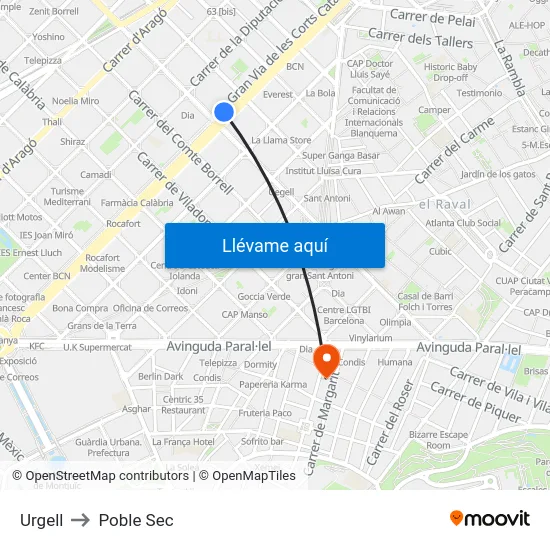 Urgell to Poble Sec map