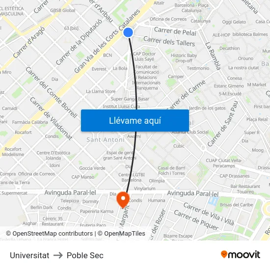 Universitat to Poble Sec map