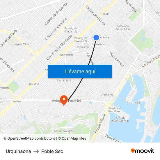 Urquinaona to Poble Sec map