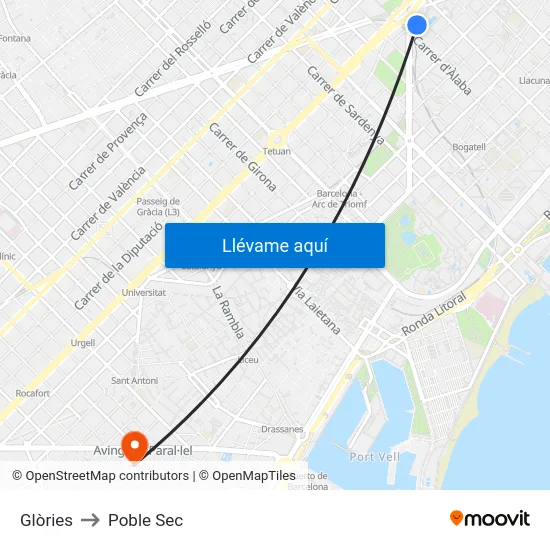 Glòries to Poble Sec map