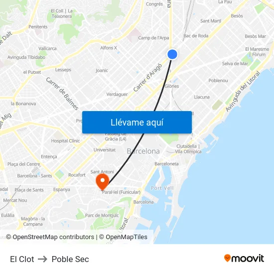El Clot to Poble Sec map