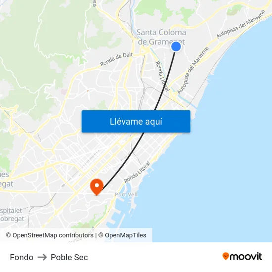 Fondo to Poble Sec map