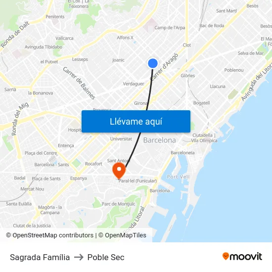 Sagrada Família to Poble Sec map