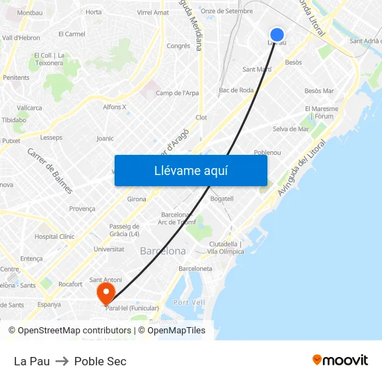 La Pau to Poble Sec map