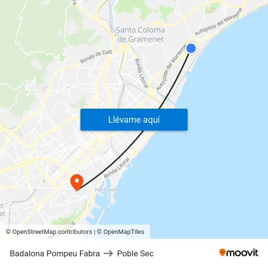 Badalona Pompeu Fabra to Poble Sec map