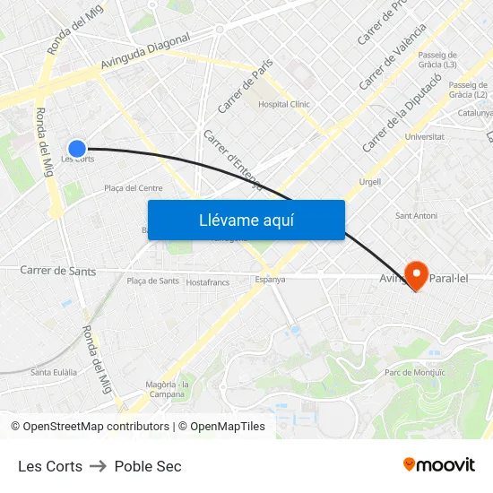 Les Corts to Poble Sec map