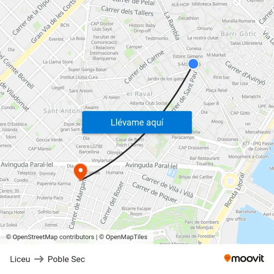 Liceu to Poble Sec map