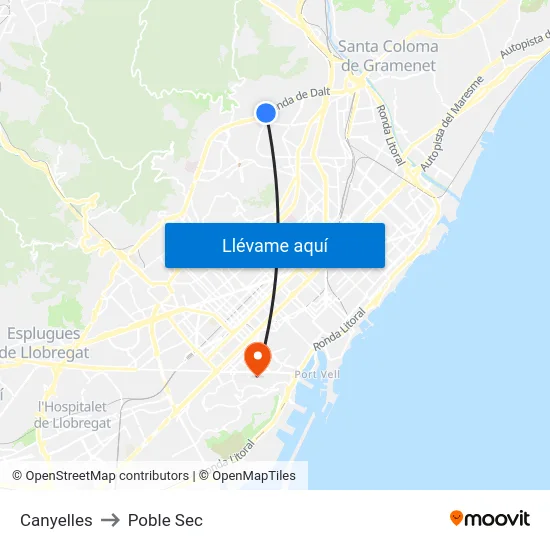 Canyelles to Poble Sec map