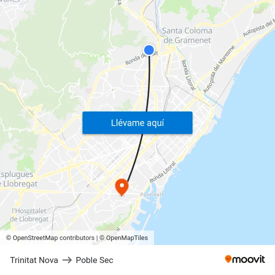 Trinitat Nova to Poble Sec map