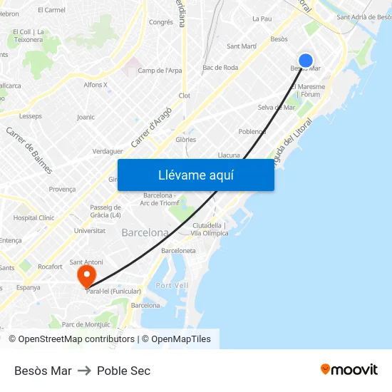 Besòs Mar to Poble Sec map