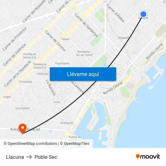 Llacuna to Poble Sec map