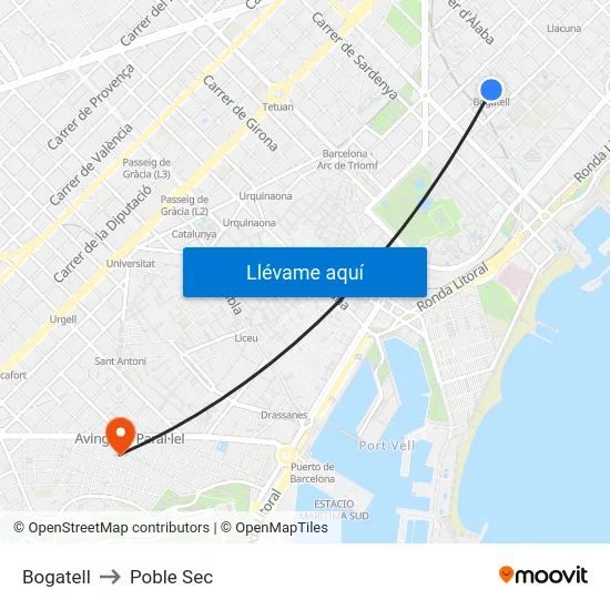 Bogatell to Poble Sec map