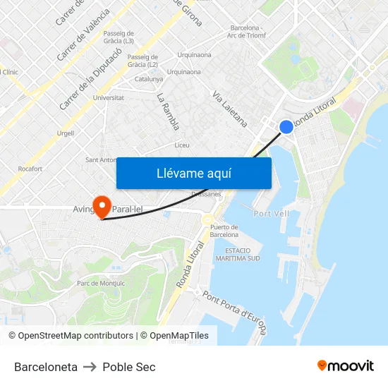 Barceloneta to Poble Sec map
