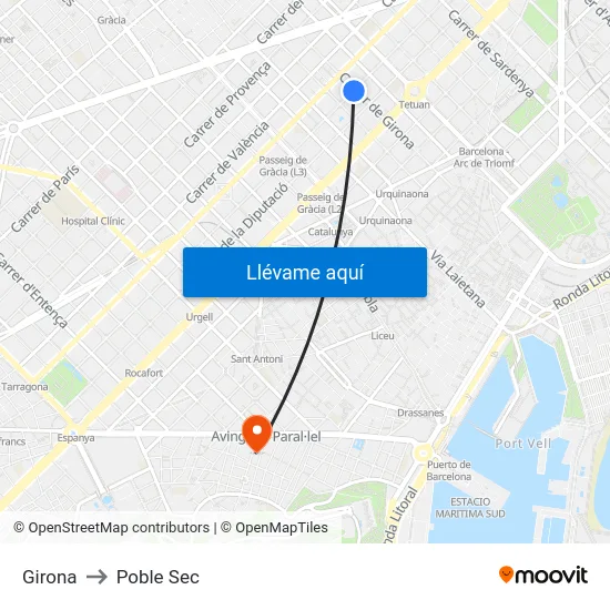 Girona to Poble Sec map