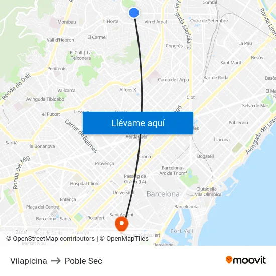 Vilapicina to Poble Sec map