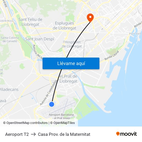 Aeroport T2 to Casa Prov. de la Maternitat map