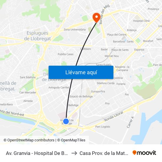 Av. Granvia - Hospital De Bellvitge to Casa Prov. de la Maternitat map