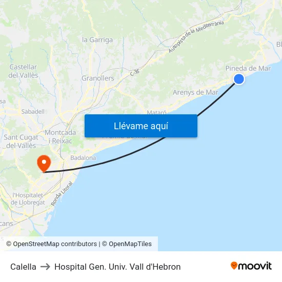 Calella to Hospital Gen. Univ. Vall d'Hebron map