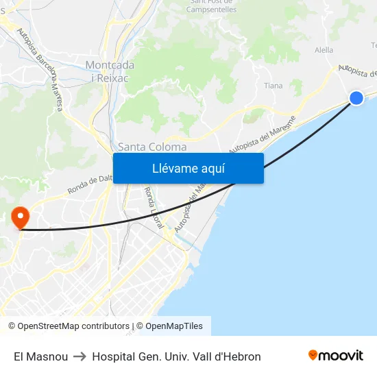 El Masnou to Hospital Gen. Univ. Vall d'Hebron map