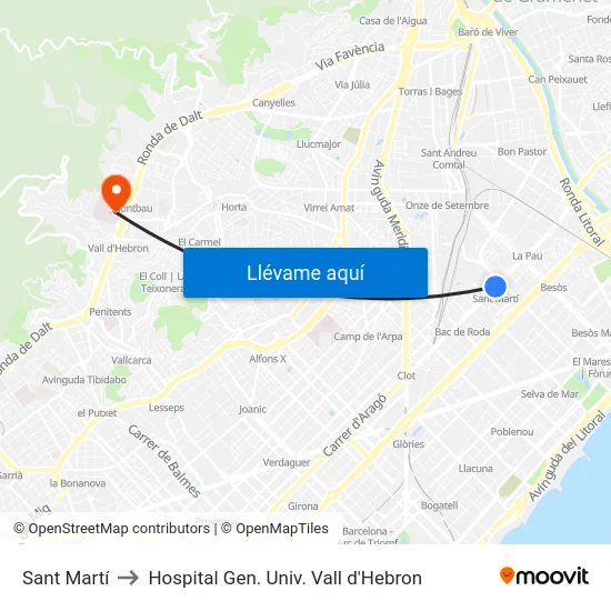 Sant Martí to Hospital Gen. Univ. Vall d'Hebron map