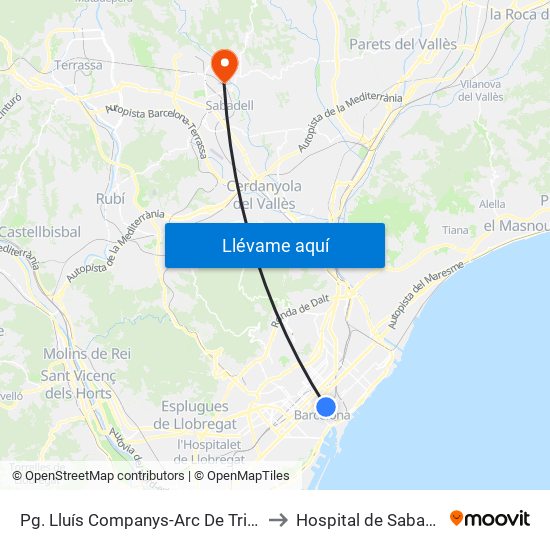 Pg. Lluís Companys-Arc De Triomf to Hospital de Sabadell map