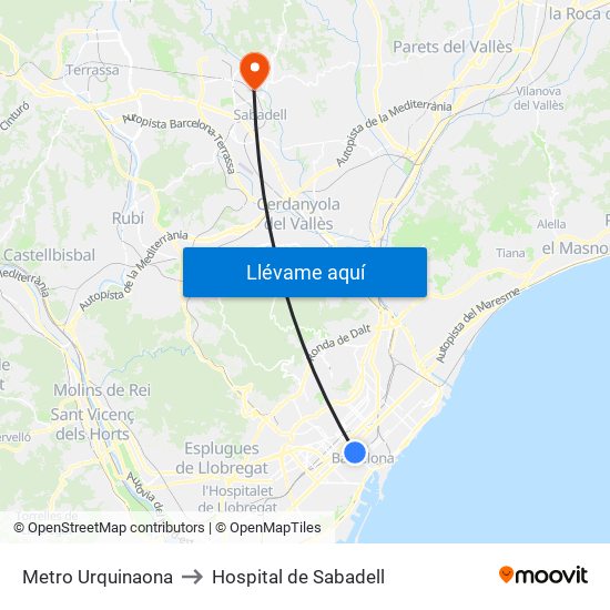 Metro Urquinaona to Hospital de Sabadell map