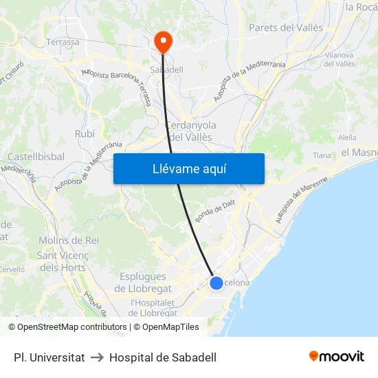 Pl. Universitat to Hospital de Sabadell map