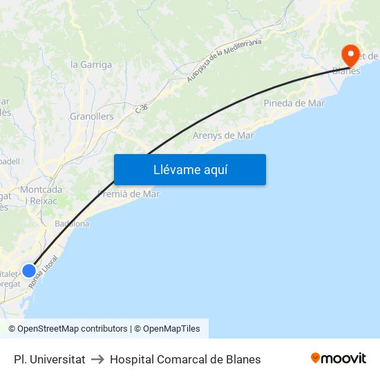 Pl. Universitat to Hospital Comarcal de Blanes map