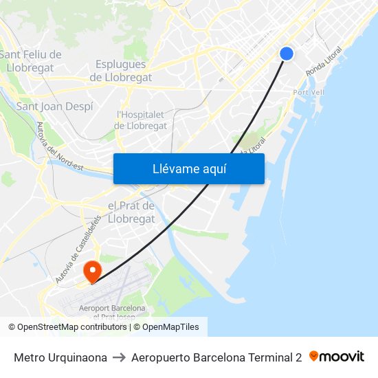 Metro Urquinaona to Aeropuerto Barcelona Terminal 2 map