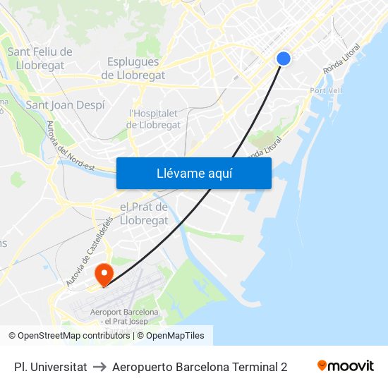Pl. Universitat to Aeropuerto Barcelona Terminal 2 map