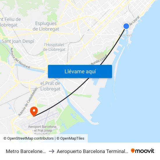 Metro Barceloneta to Aeropuerto Barcelona Terminal 2 map
